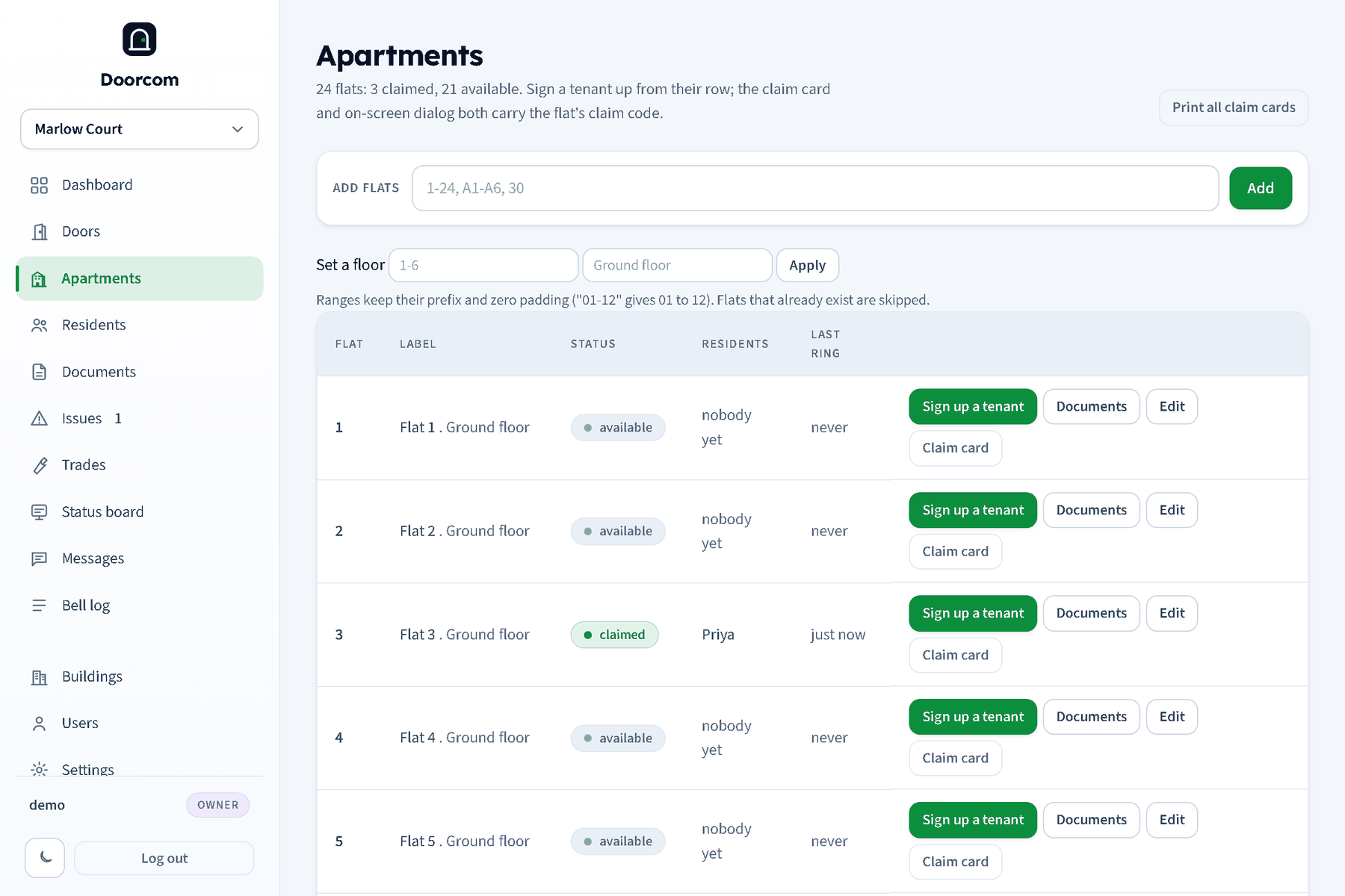 The Apartments page: the add flats box, the set a floor form, and a table of flats with label, floor, status, residents, last ring and buttons for Sign up a tenant, Documents, Edit and Claim card