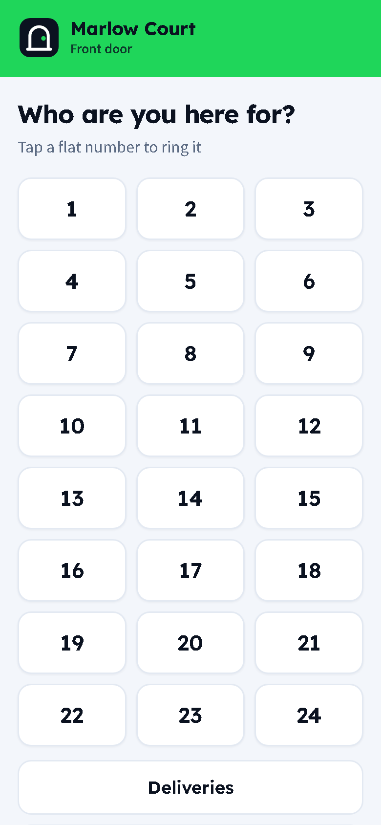The bell page on a phone: Marlow Court, Front door, Who are you here for, and a grid of flat buttons 1 to 24