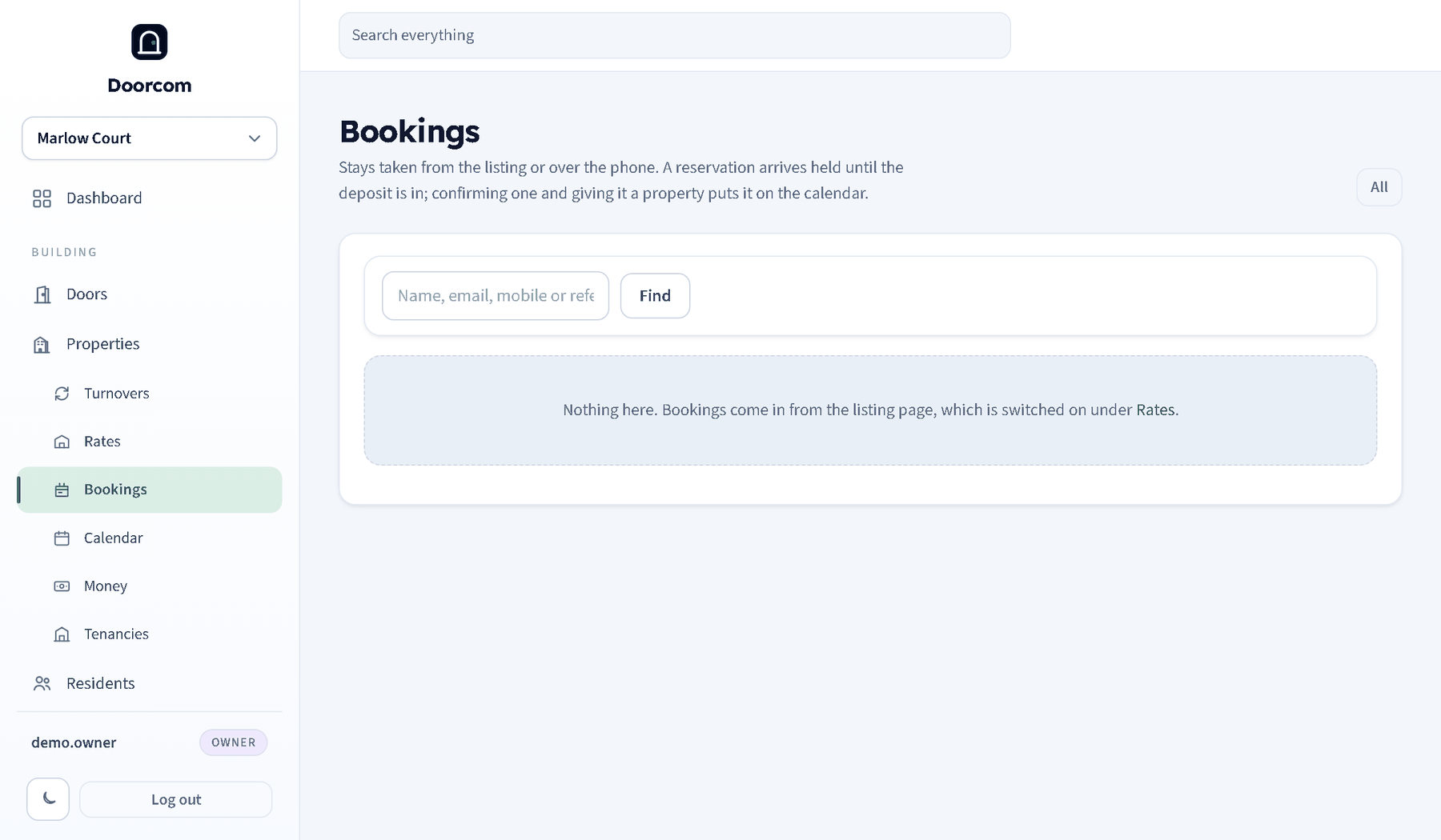 The bookings list: reference, guest, stay, property, total, owed and state