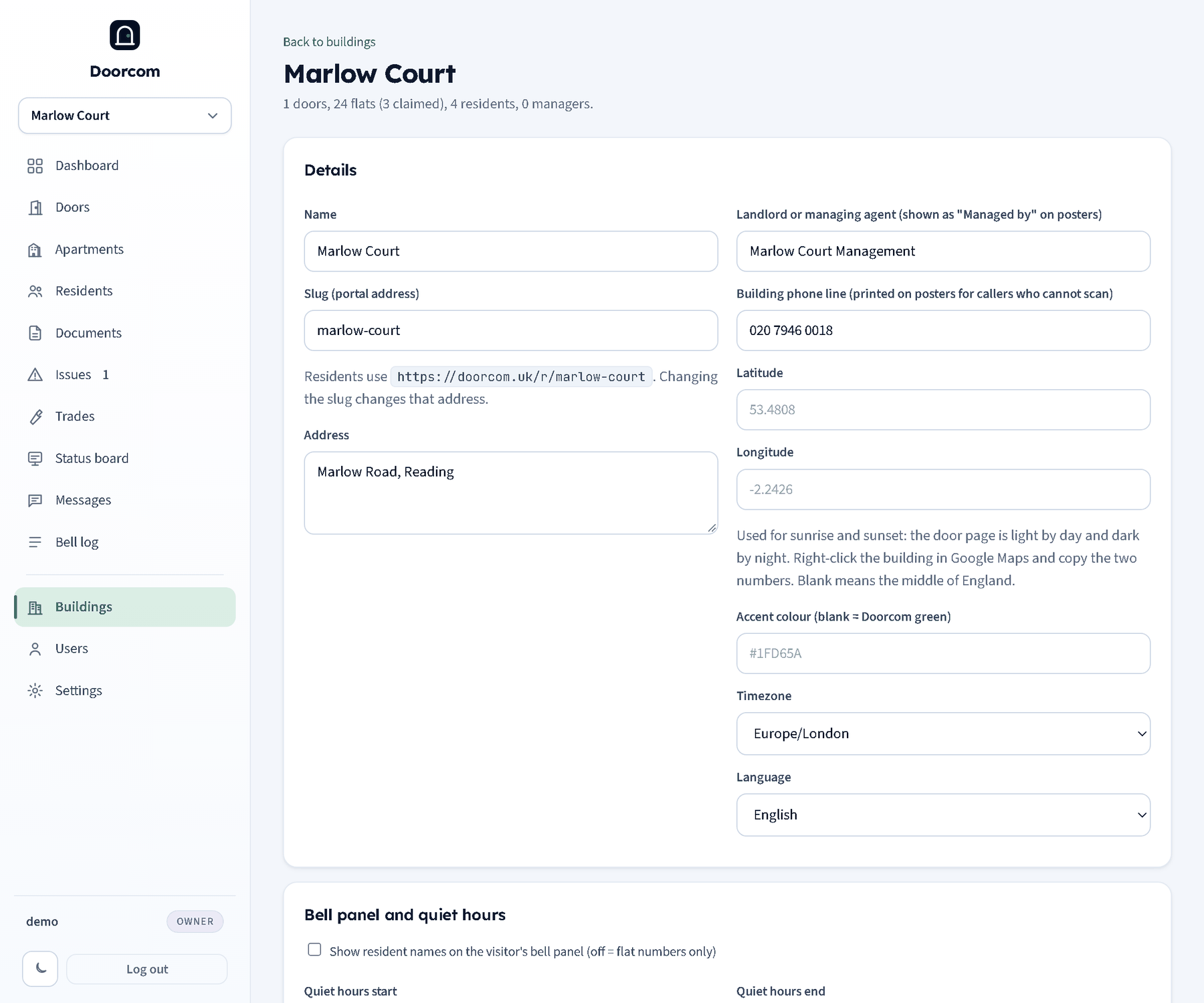 The building page: name and slug, address, landlord, phone line, timezone, quiet hours, show names, coordinates, the logo upload and the API token