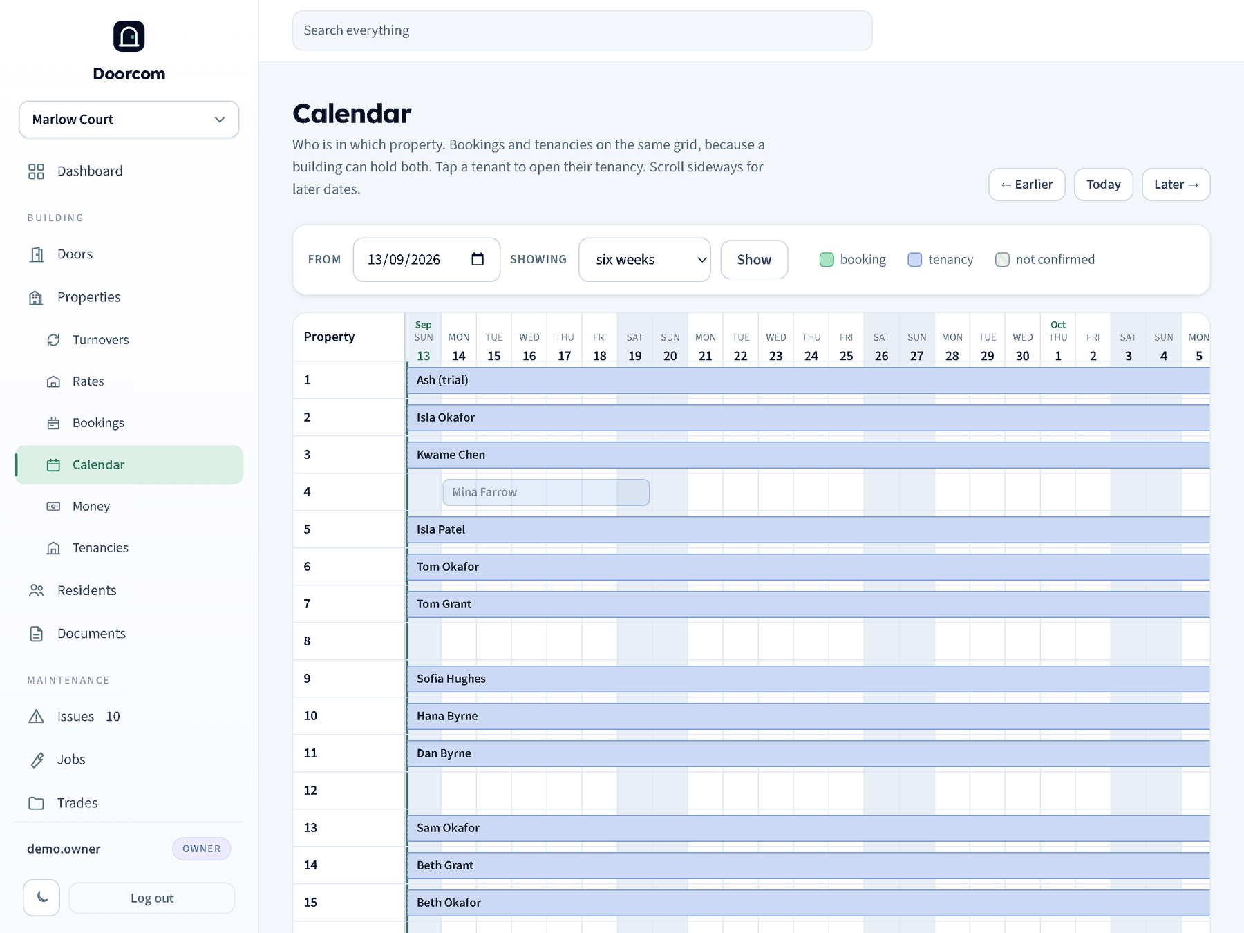 The calendar: a sticky column of property numbers and a scrolling track of days, with coloured bars for bookings and tenancies