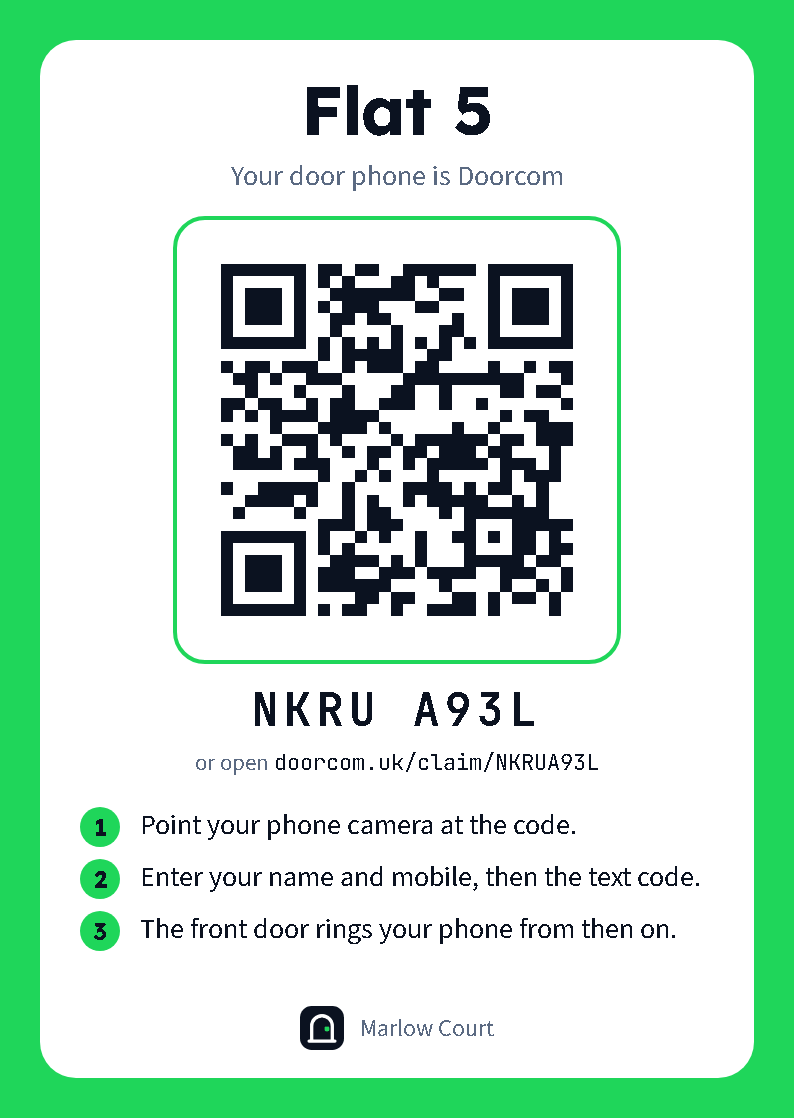 An A6 claim card for Flat 5: the building name, the QR code, the claim code in two groups of four, and three short instructions