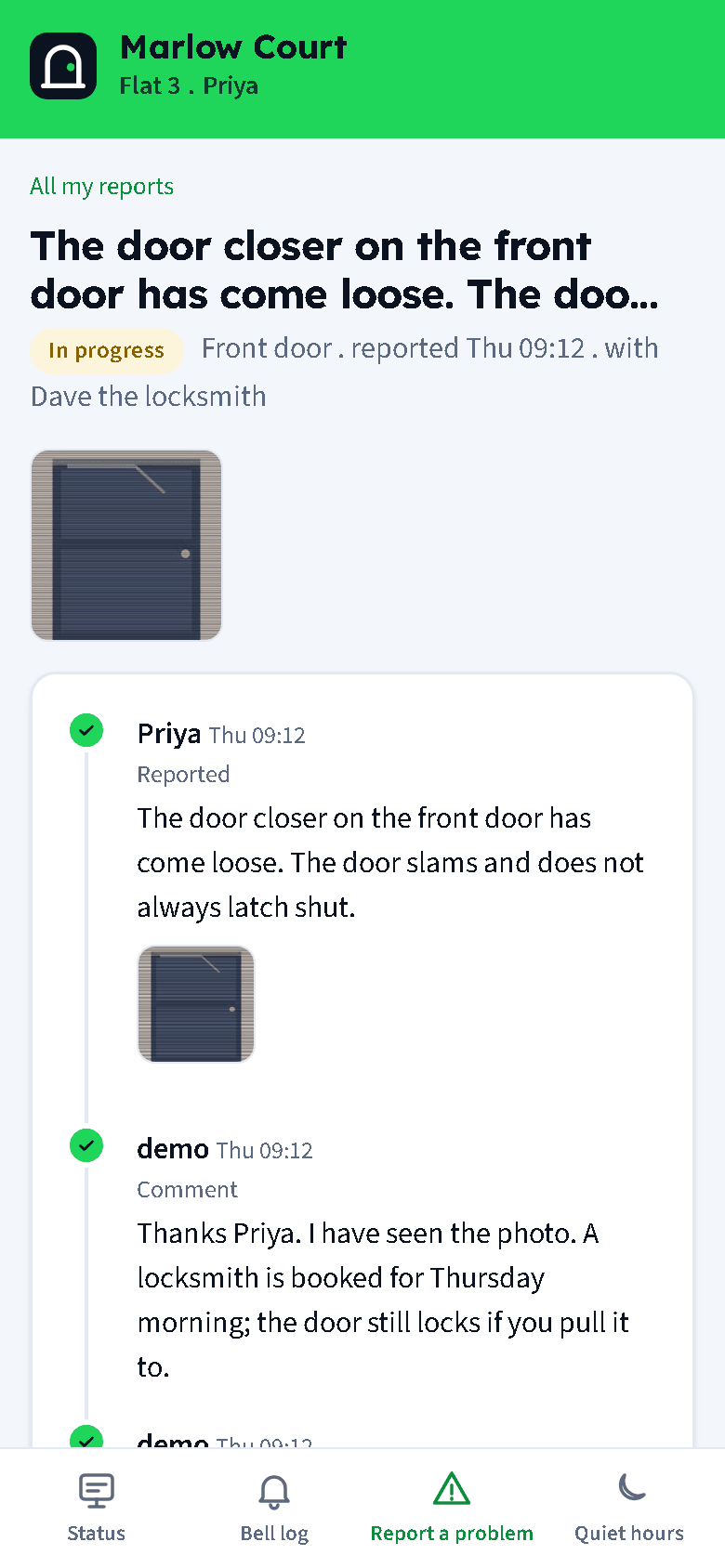 A resident's report thread: the photo, the manager's reply and the note that the job was sent to a trade