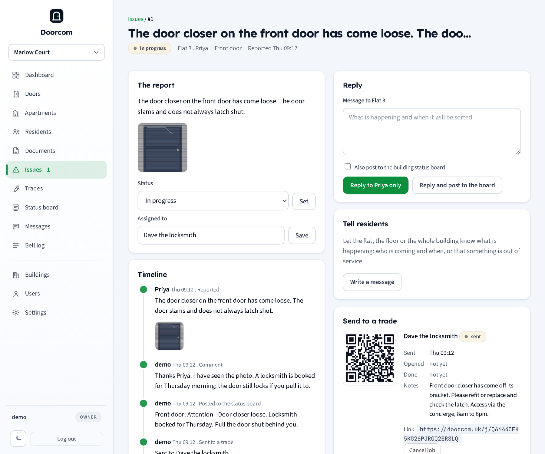 The manager's issue page: the report with a photo, status In progress, assigned to Dave the locksmith, the timeline, a reply box, Tell residents and the job sent to the trade with its QR code