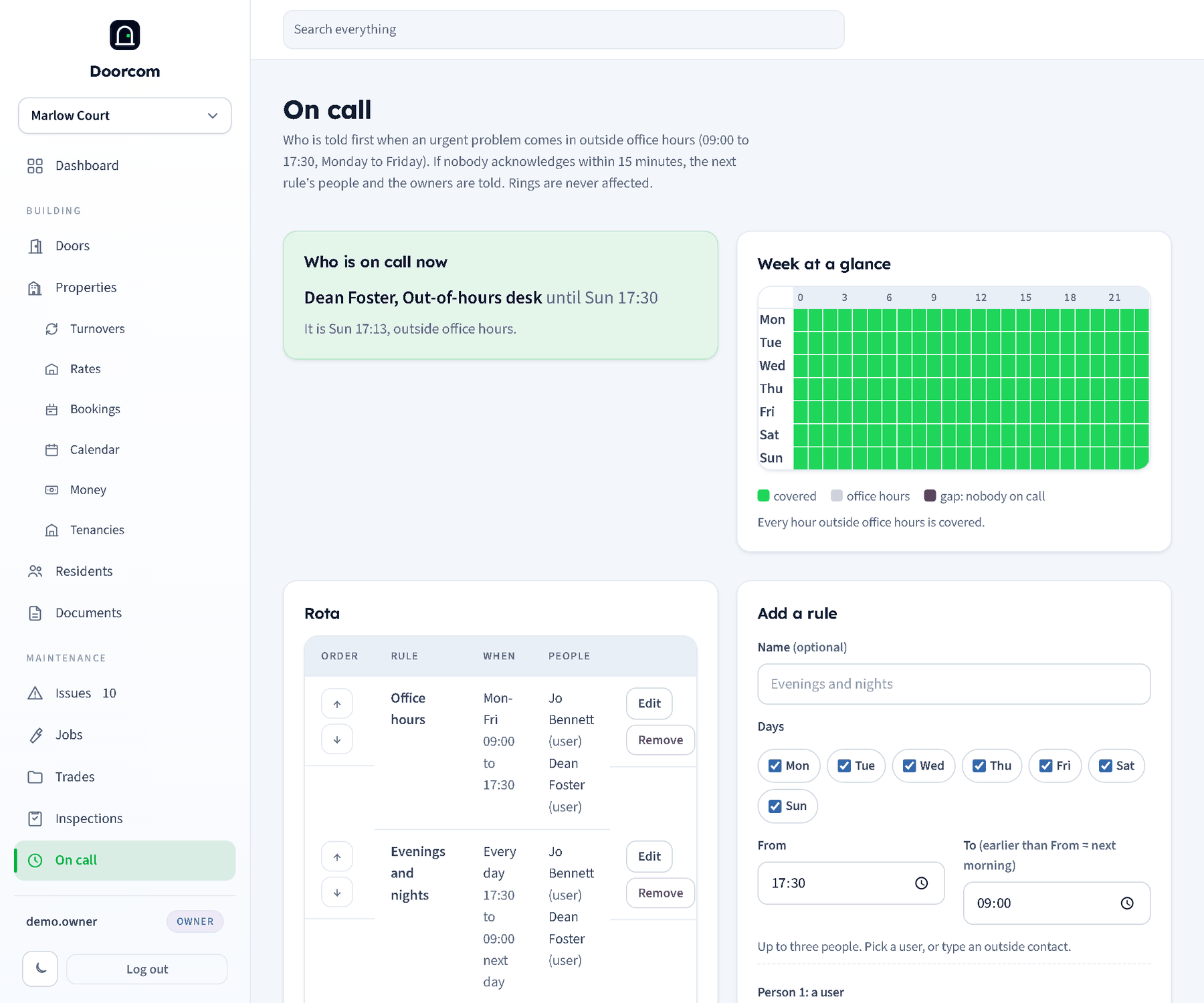 The on-call page: who is on call now, the week at a glance grid showing covered hours, and the rota of rules with their days, times and people