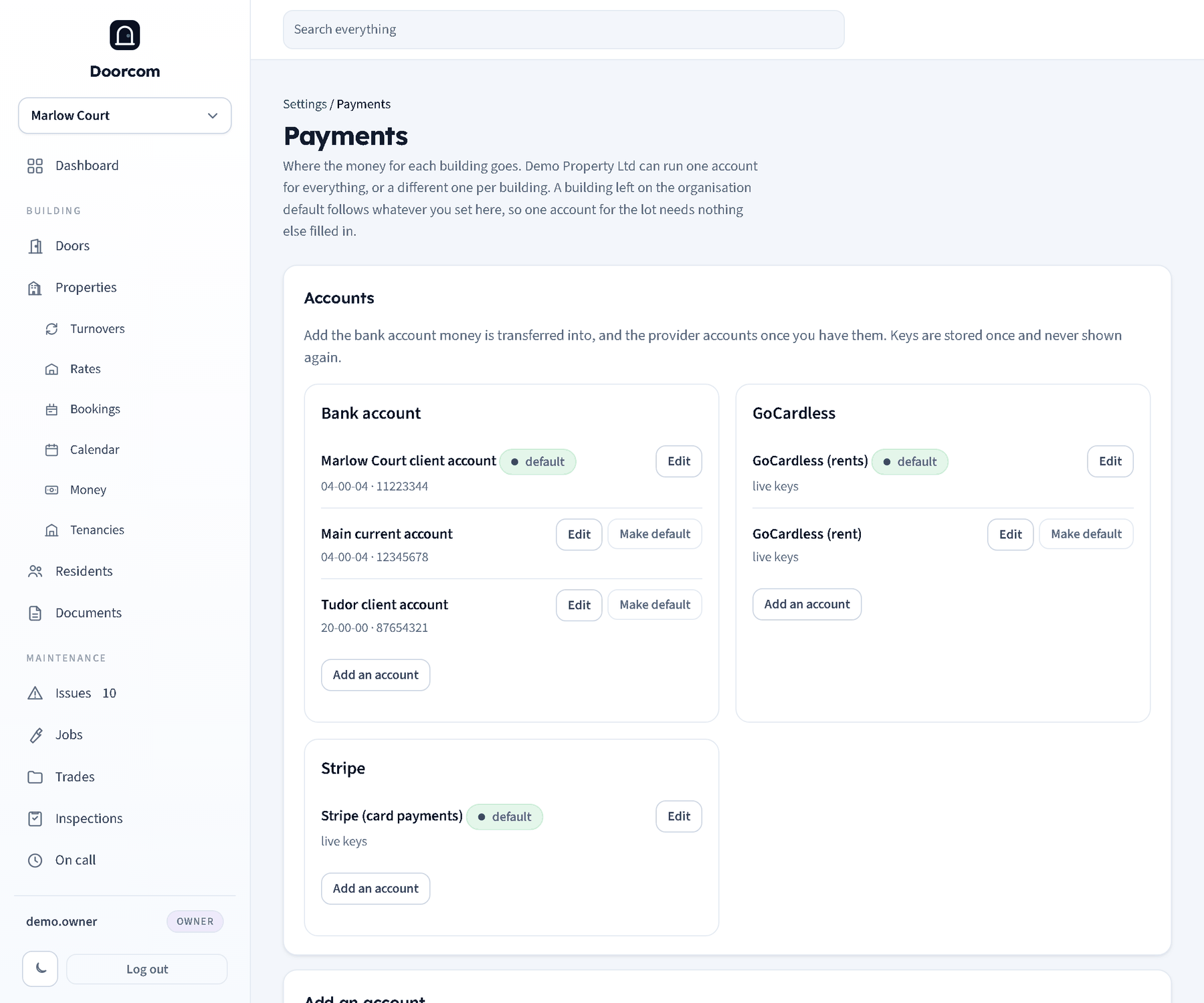 Settings, Payments: the organisation's accounts grouped by kind, with the default marked and an Edit button on each