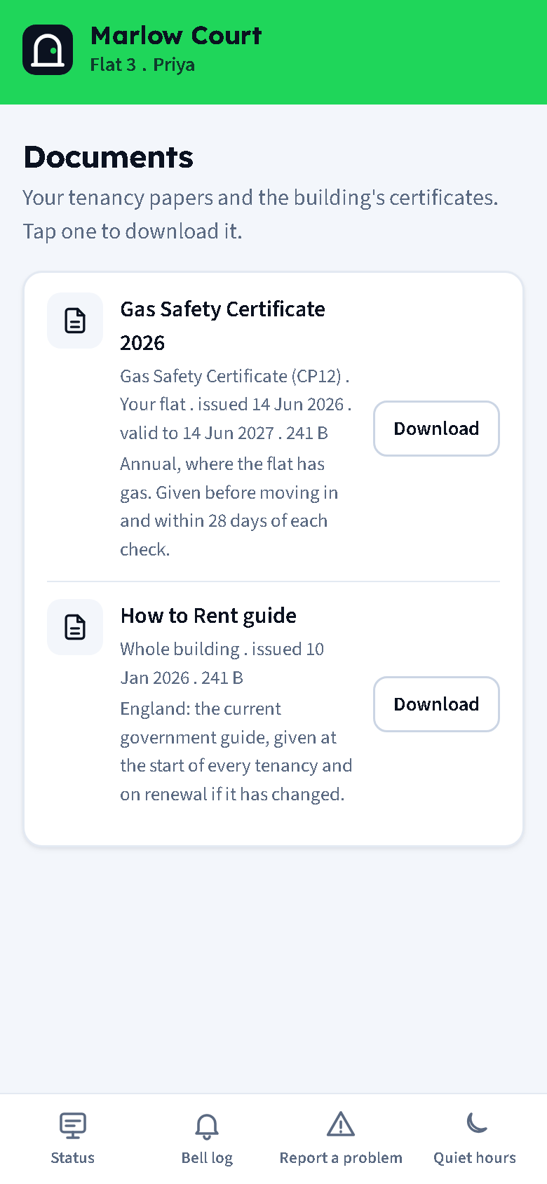 Documents in the portal: a Gas Safety Certificate for the flat and the How to Rent guide for the building, with validity dates