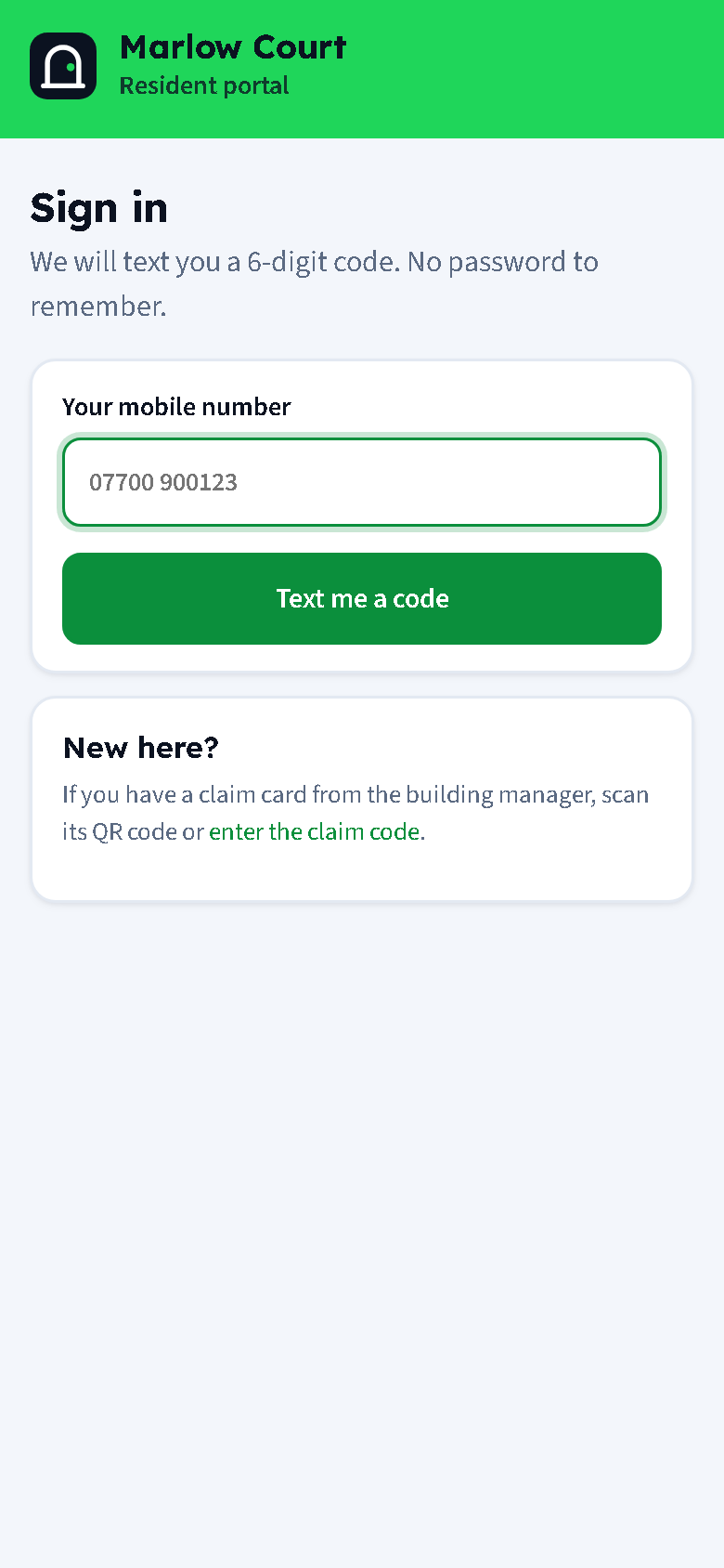 The portal sign-in: Marlow Court, resident portal, a field for your mobile number and a Send me a code button