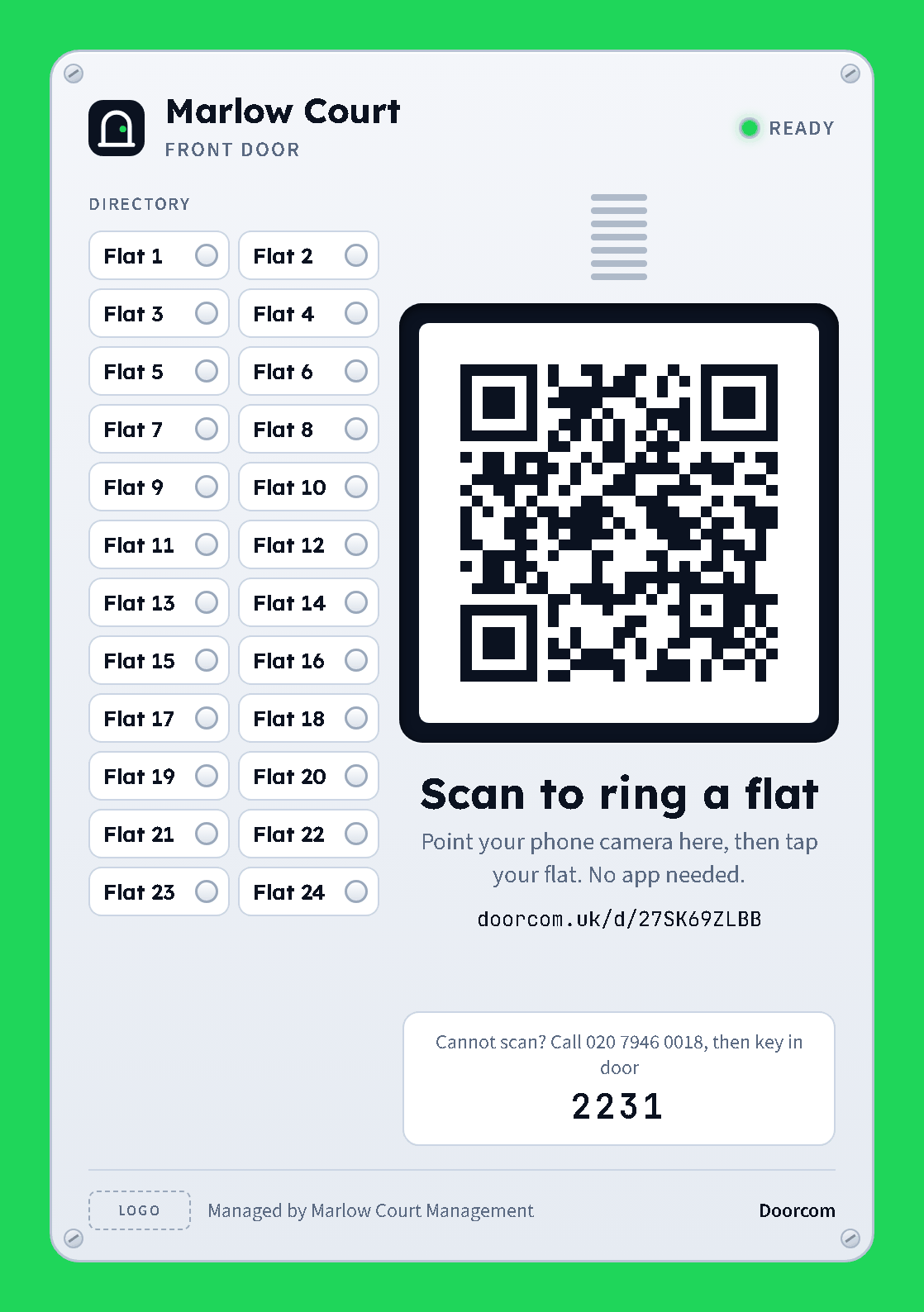 The A5 door poster for Marlow Court: a grey faceplate with a directory of flats, a QR code in a black bezel, the words Scan to ring a flat, and the phone line with the door dial code