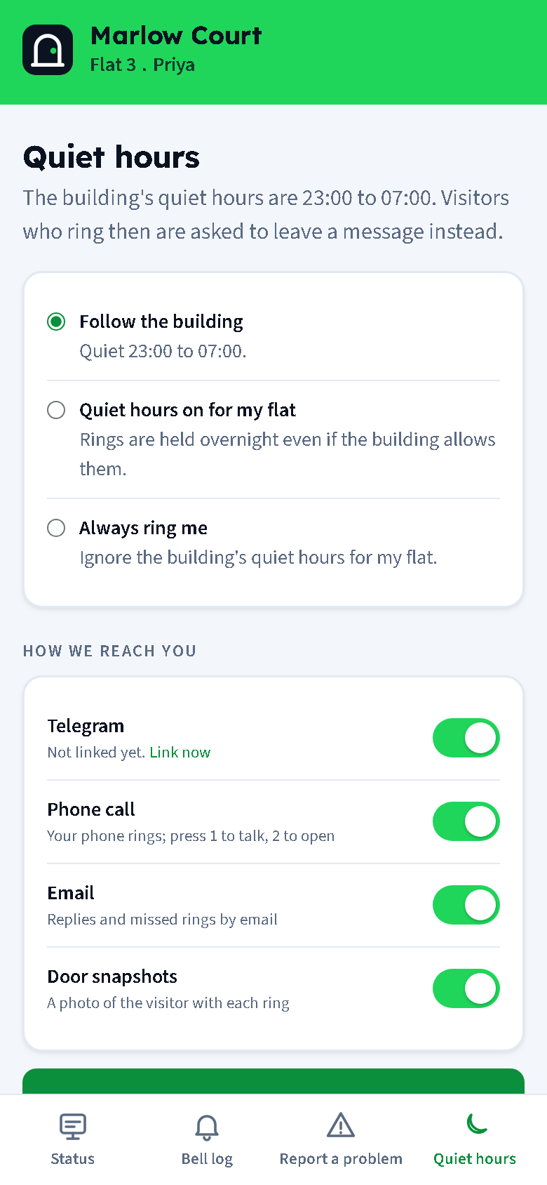Quiet hours and preferences: follow the building, quiet hours on for my flat, always ring me, and switches for Telegram, phone call, email and door snapshots