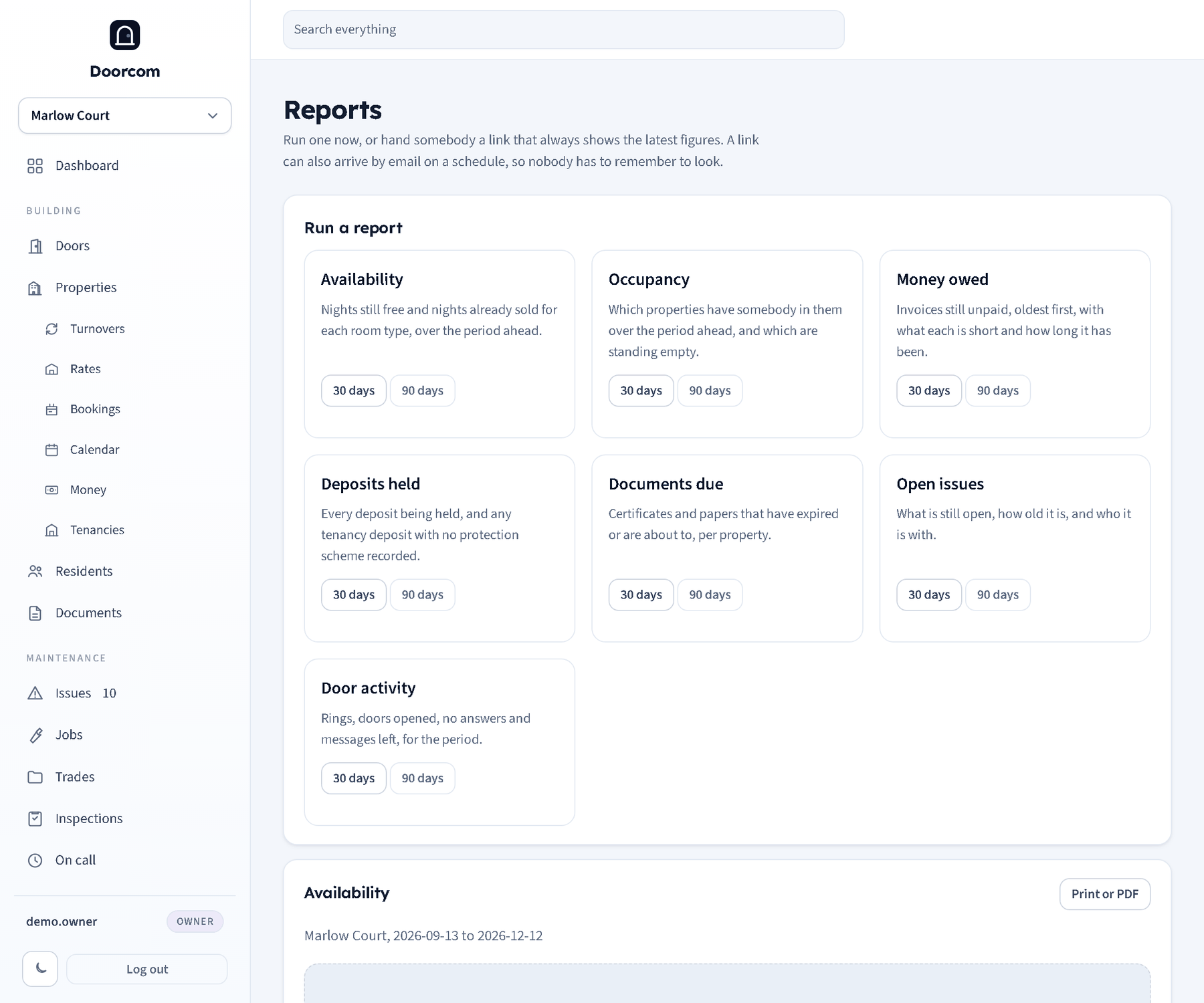 Run and share: the menu of reports with 30 and 90 day buttons, a run report with its headline figures and table, and the shared links underneath