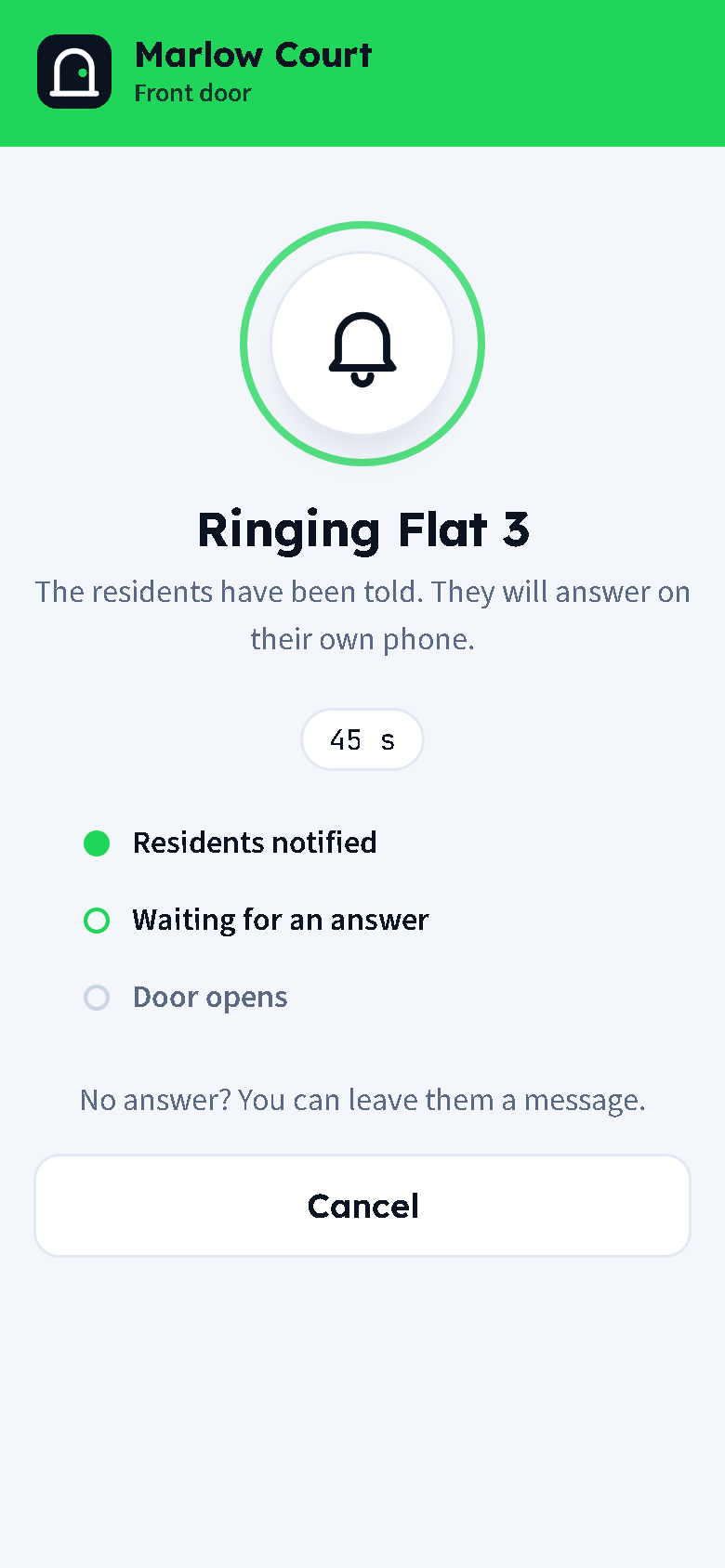 Ringing Flat 3, with a countdown and the steps Residents notified, Waiting for an answer, Door opens