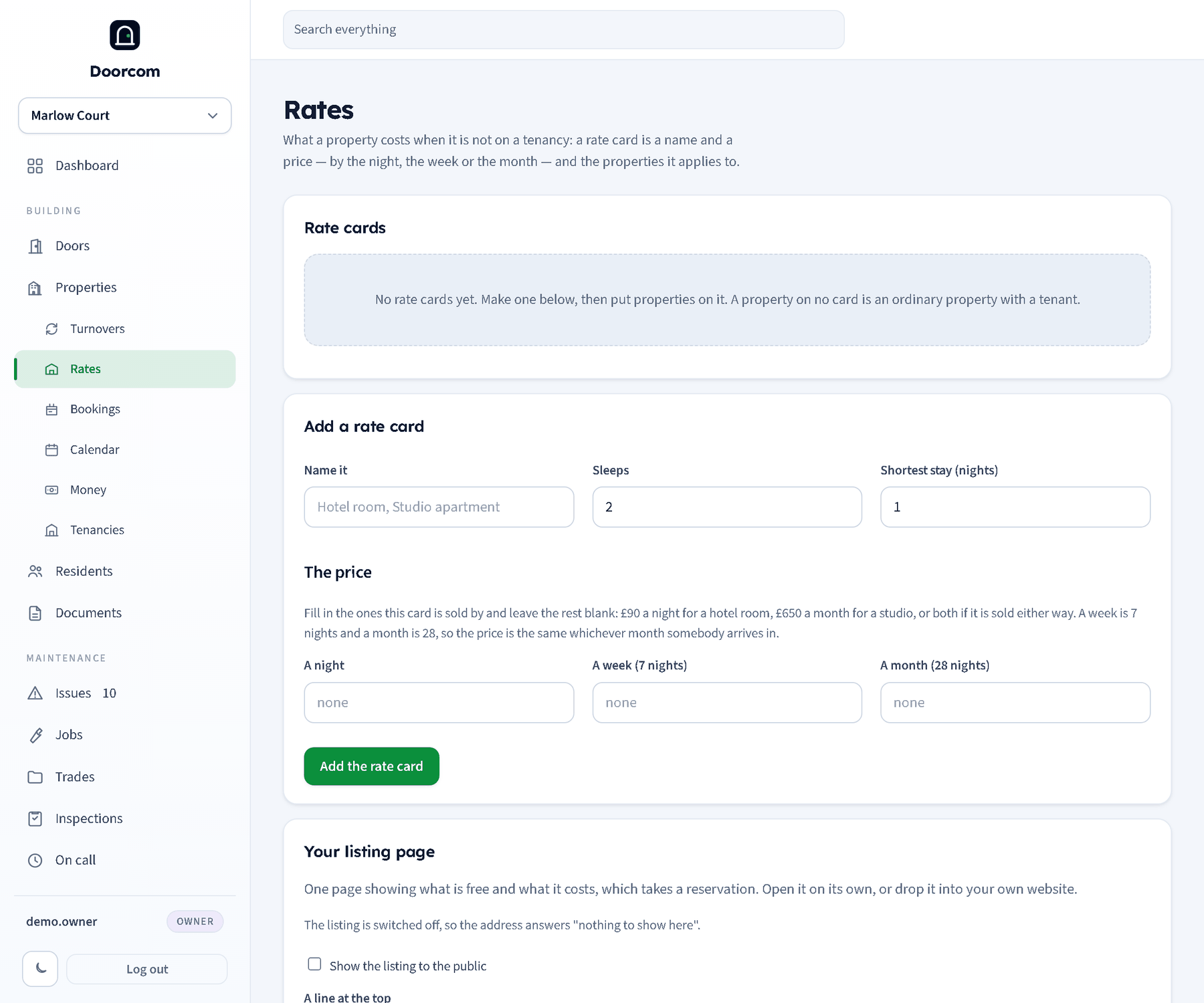 Rates: the rate cards with their prices and how many properties are free, and the form with the name, sleeps, shortest stay and the three prices