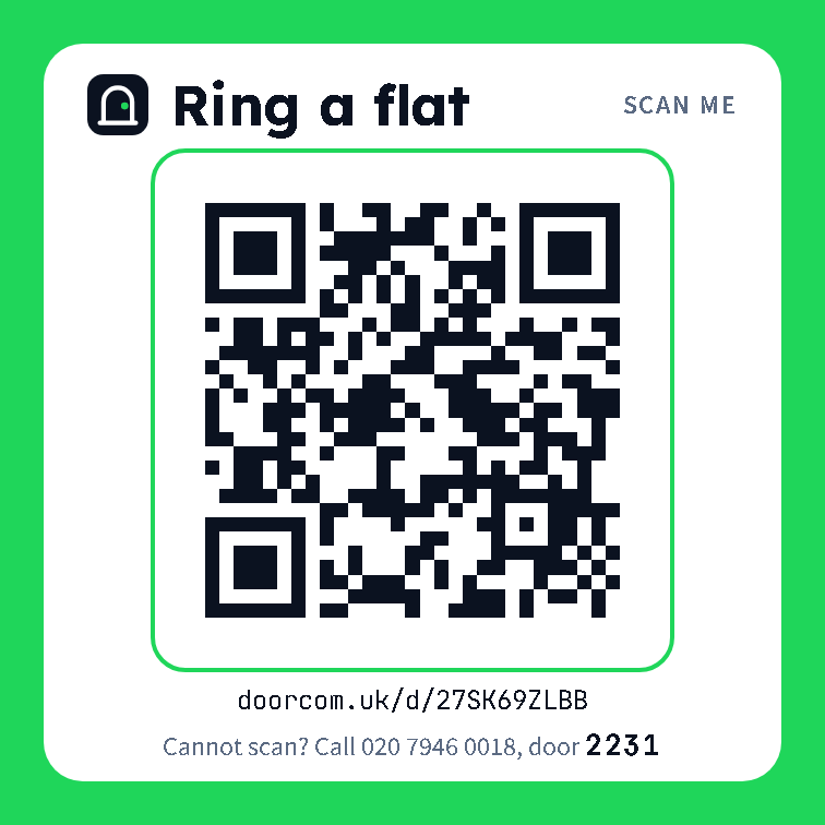 The 100 mm door sticker: Ring a flat, the QR code, the short URL, the phone line and the dial code