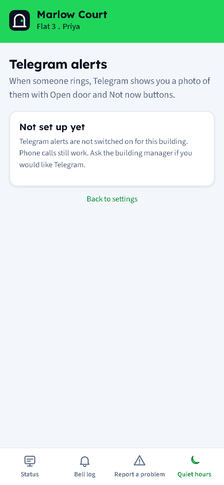 Telegram alerts page in the portal: step 1 open the bot, step 2 or send the code