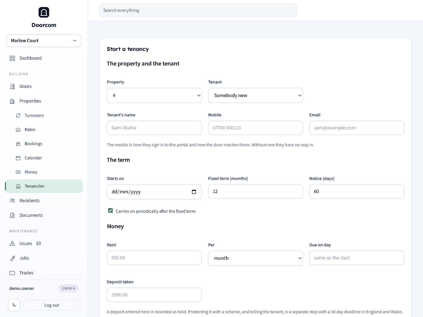 The start form with a property on a rate card picked: the rent comes from the card, with a dropdown of its prices and a button to let this one off rate