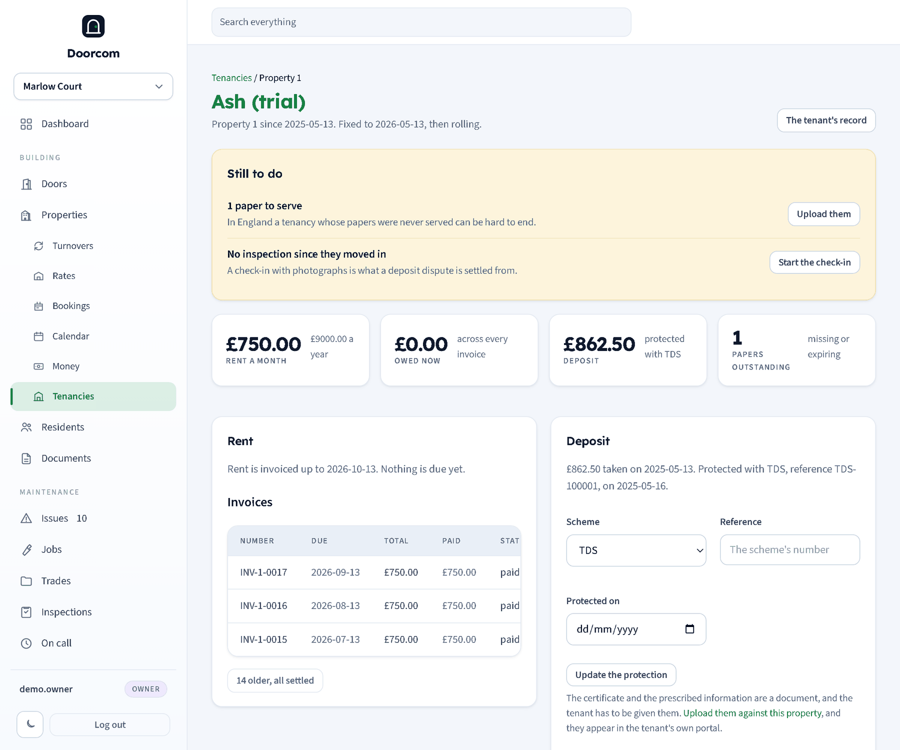One tenancy: the rent, what is owed, the deposit and the outstanding papers, with the invoice list, the payment form and the deposit protection form