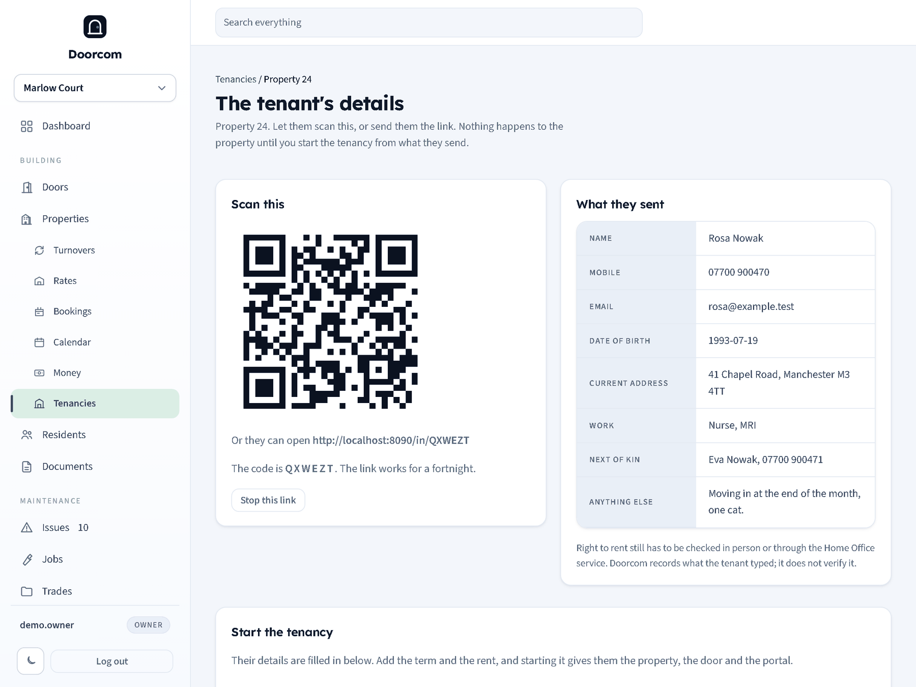 The tenant details page: the QR and short code on the left, what the tenant sent on the right, and the start form underneath