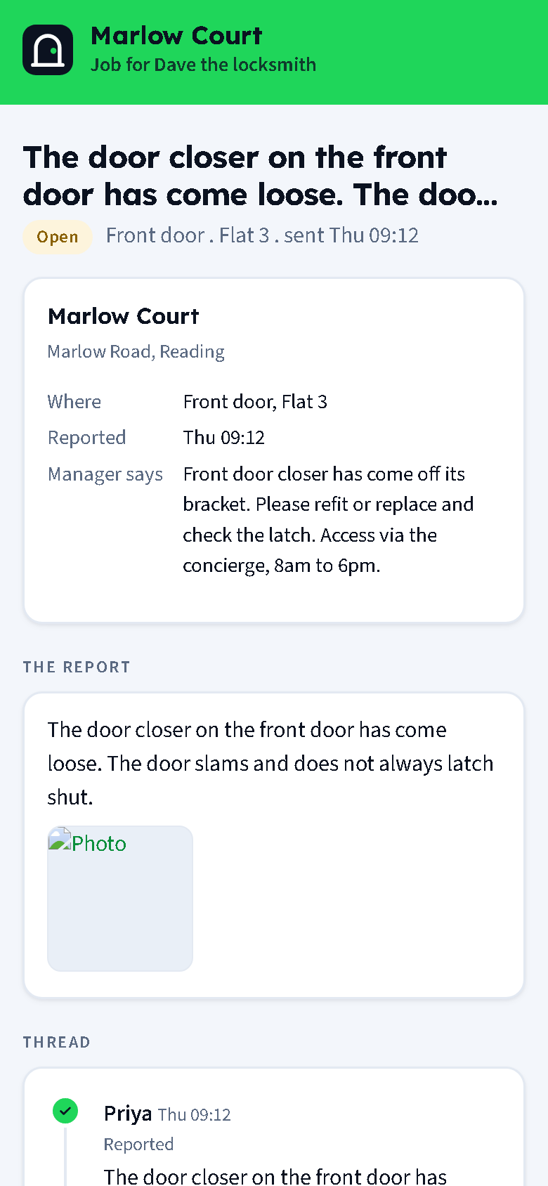 A job page on a phone: the building and location, the report with its photo, the manager's instructions, the thread, and the Message the resident and Job done forms