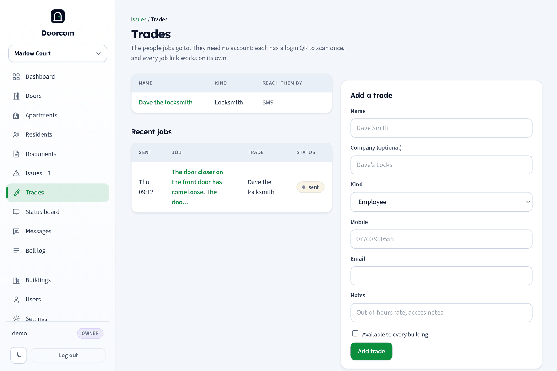 The trades page: a table of trades with how to reach them, the add-a-trade form, and recent jobs